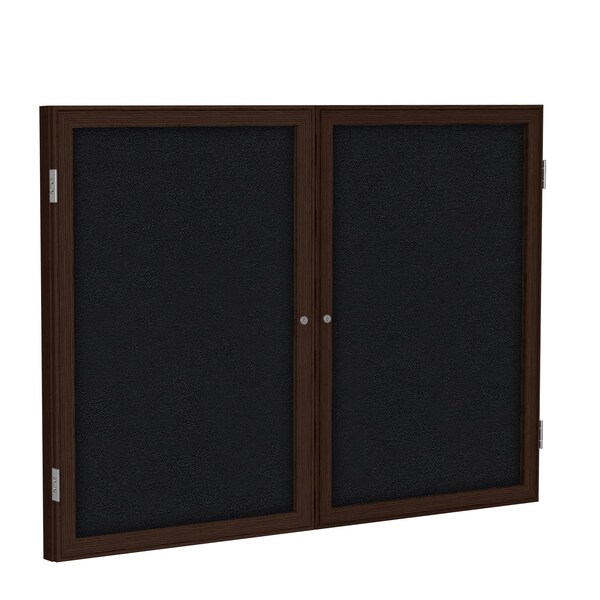Enclosed Bulletin Board, 2 Door, Fabric, Walnut Frame, 3 ft H x 4 ft W, Black